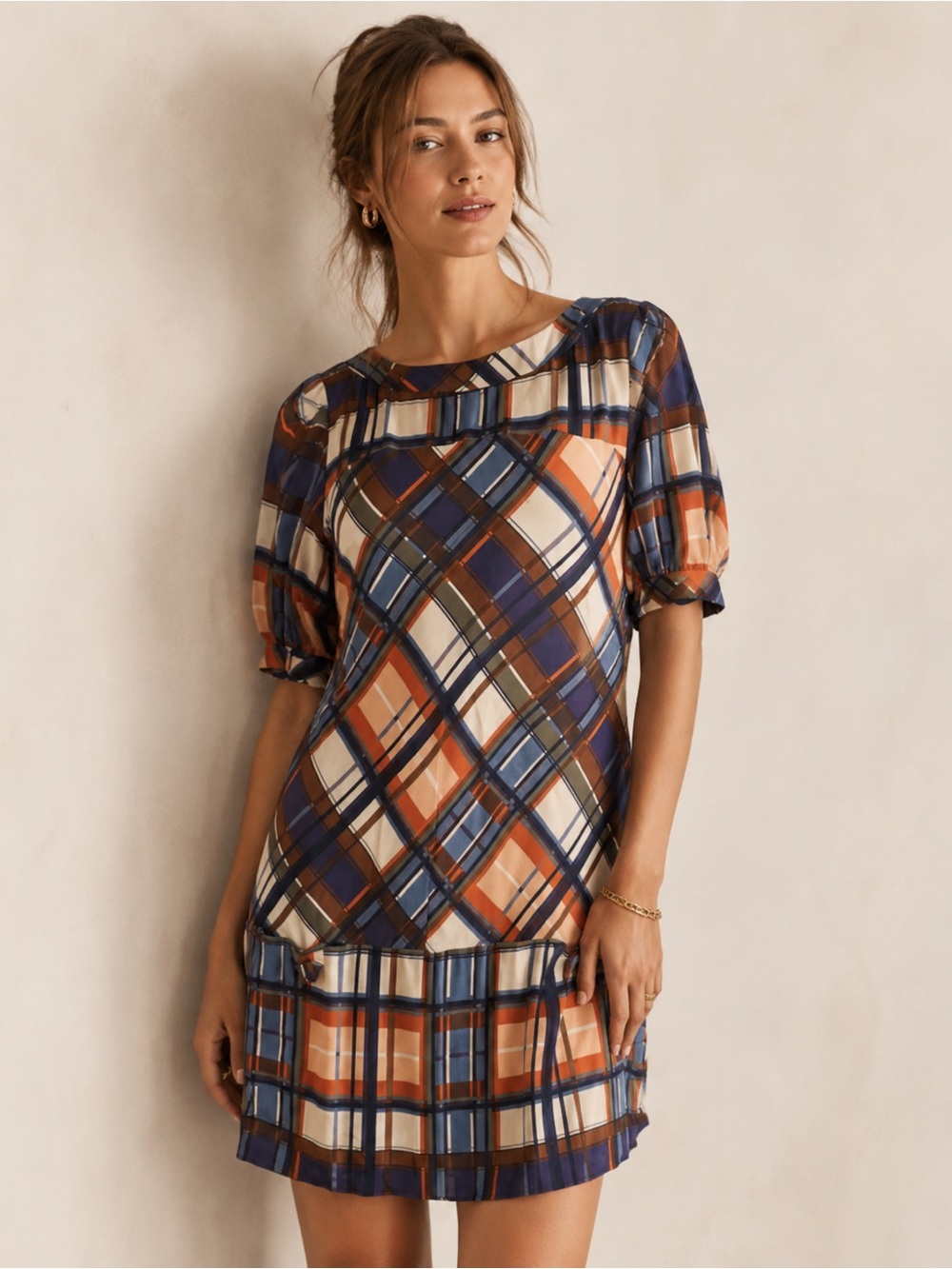 Anthropologie McGinn Plaid Shift Dress Size M Multicolor Short Sleeve FALL
